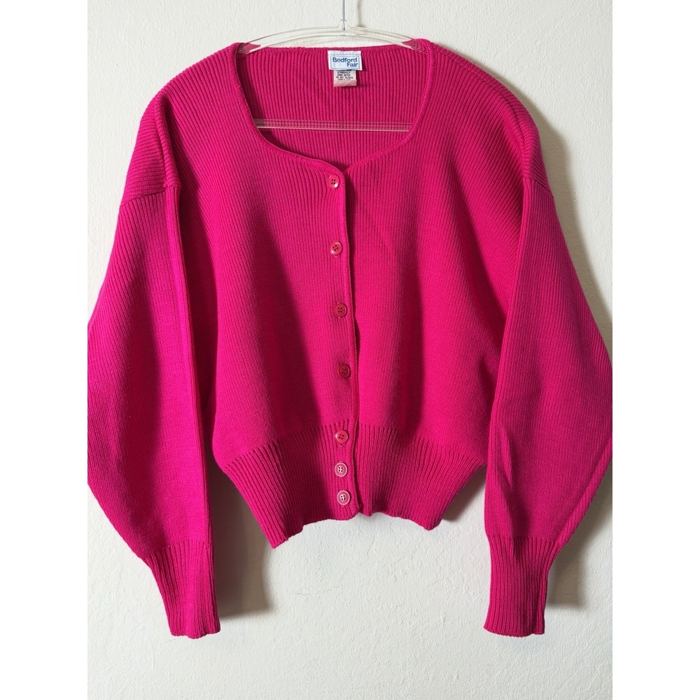 Bedford Fair Womens Cropped Cardigan Sweater Large Hot Pink Scoop Neck USA Vtg